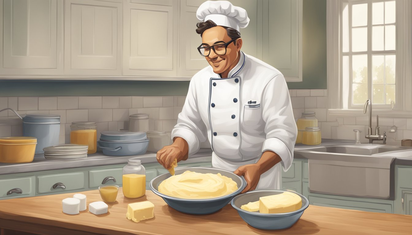 A chef swapping out a block of butter for a tub of lard in a bowl of flour, with a rolling pin and pie dish nearby