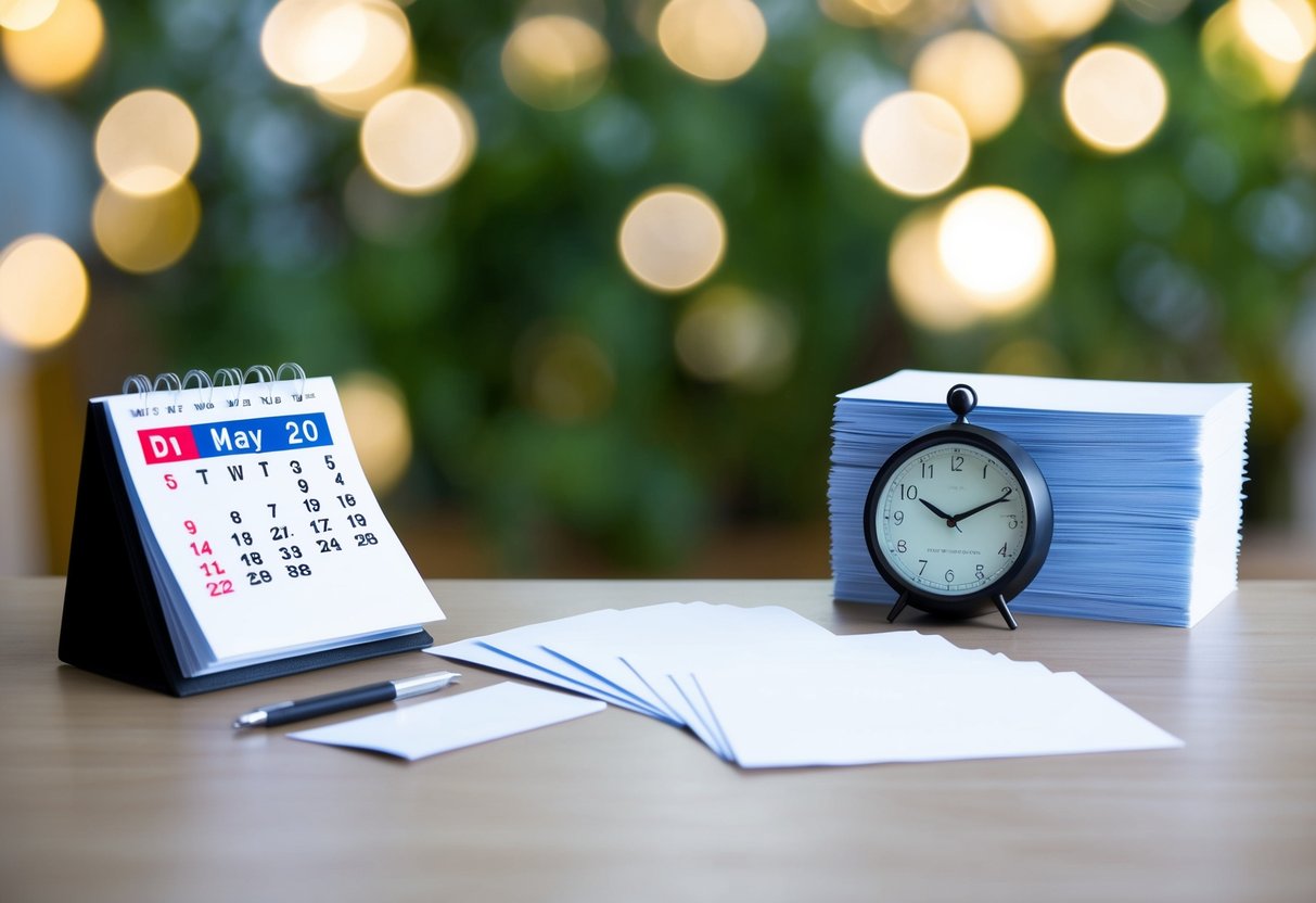 A calendar with a highlighted date, a stack of blank invitations, and a clock showing the time