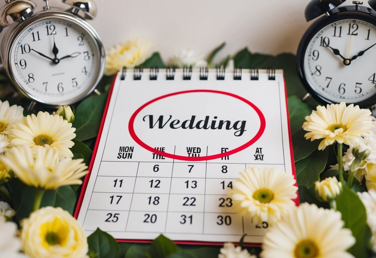 A calendar with a wedding date circled in red, surrounded by flowers and a clock showing the current date