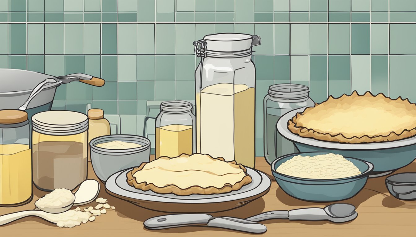 A pie crust recipe with a bowl of lard and butter, measuring spoons, and a rolling pin on a kitchen counter. Ingredients and utensils are neatly arranged