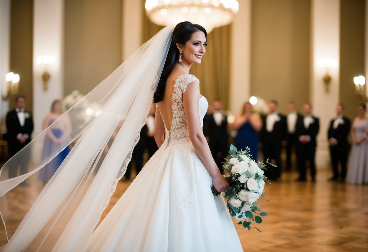 A bride standing in a grand ballroom, wearing a flowing white gown with intricate lace detailing, a veil cascading down her back, and carrying a bouquet of elegant flowers