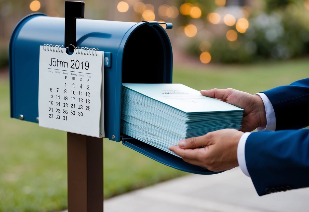 A stack of elegant wedding invitations being placed in a mailbox with a calendar showing the current date and the wedding date highlighted