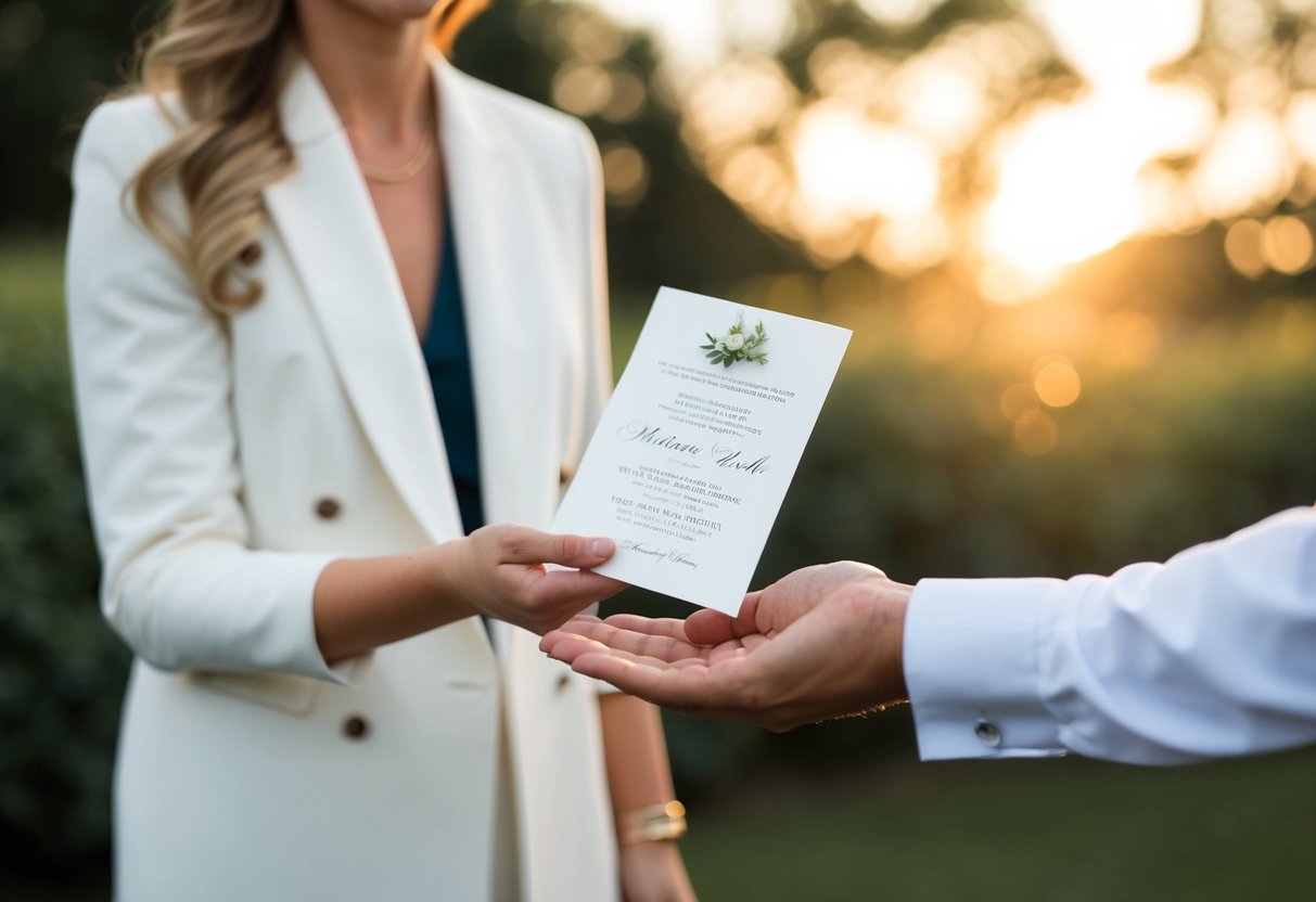 A person politely handing back a wedding invitation with a smile