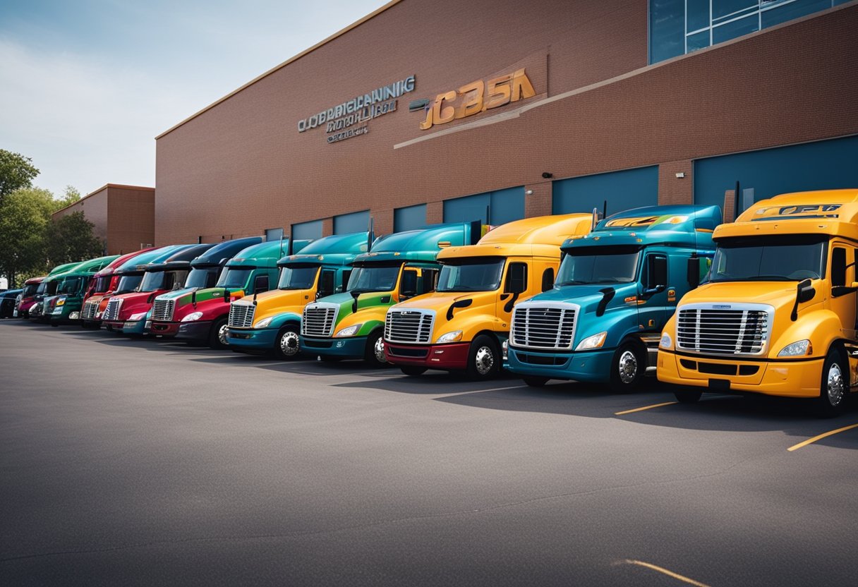 A row of colorful trucks lined up outside a bustling trucking company office, with drivers coming and going, and a sign displaying job openings