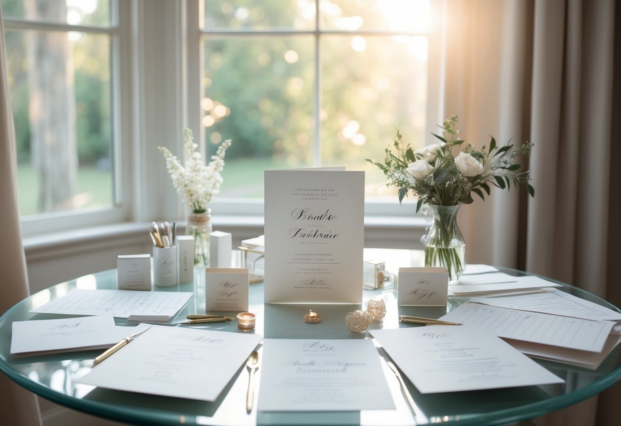 A table with elegant wedding invitations, surrounded by lists and stationery supplies, bathed in soft natural light from a nearby window