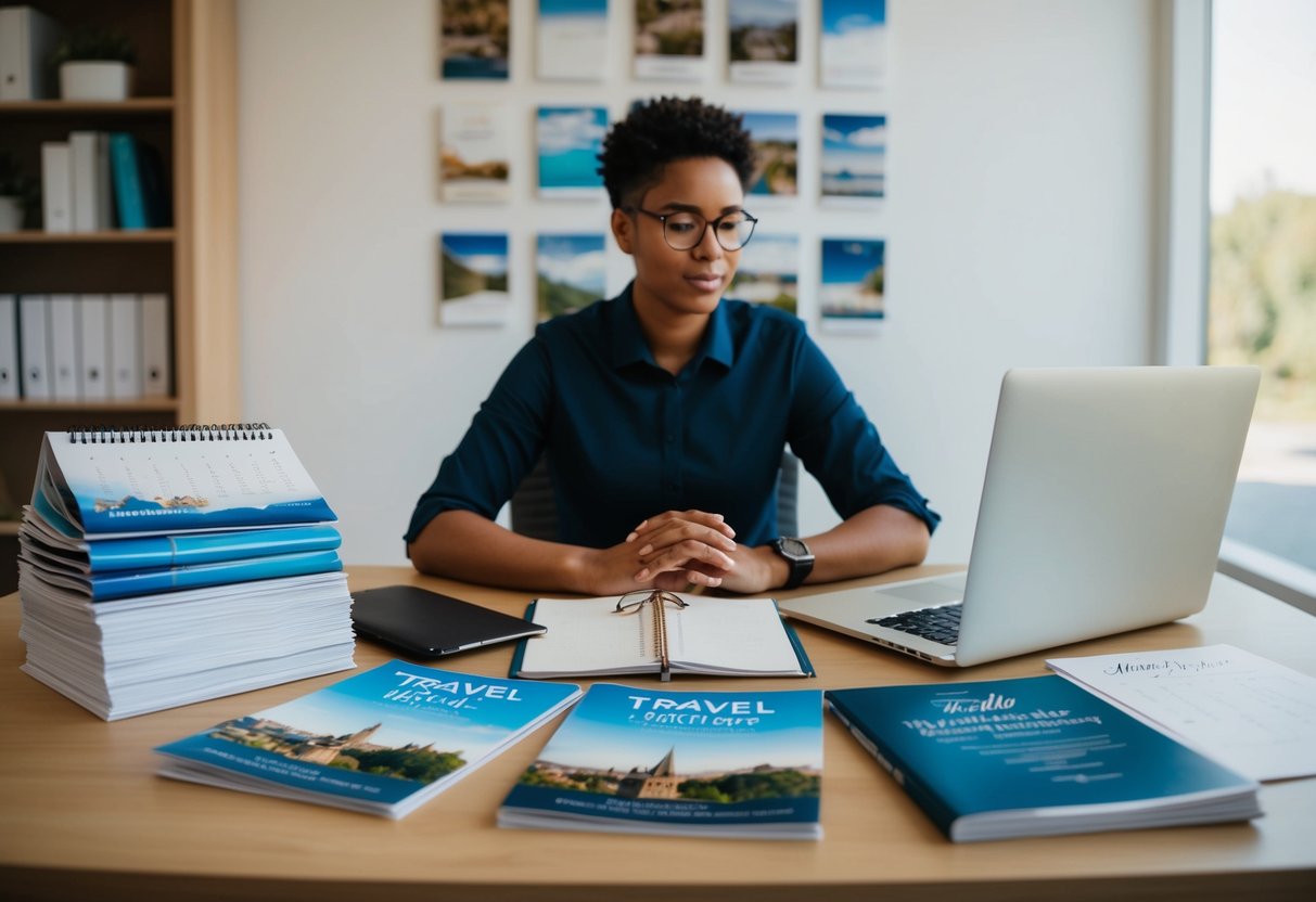 A person at a desk surrounded by travel brochures, a calendar, and a laptop, with a stack of wedding invitations nearby