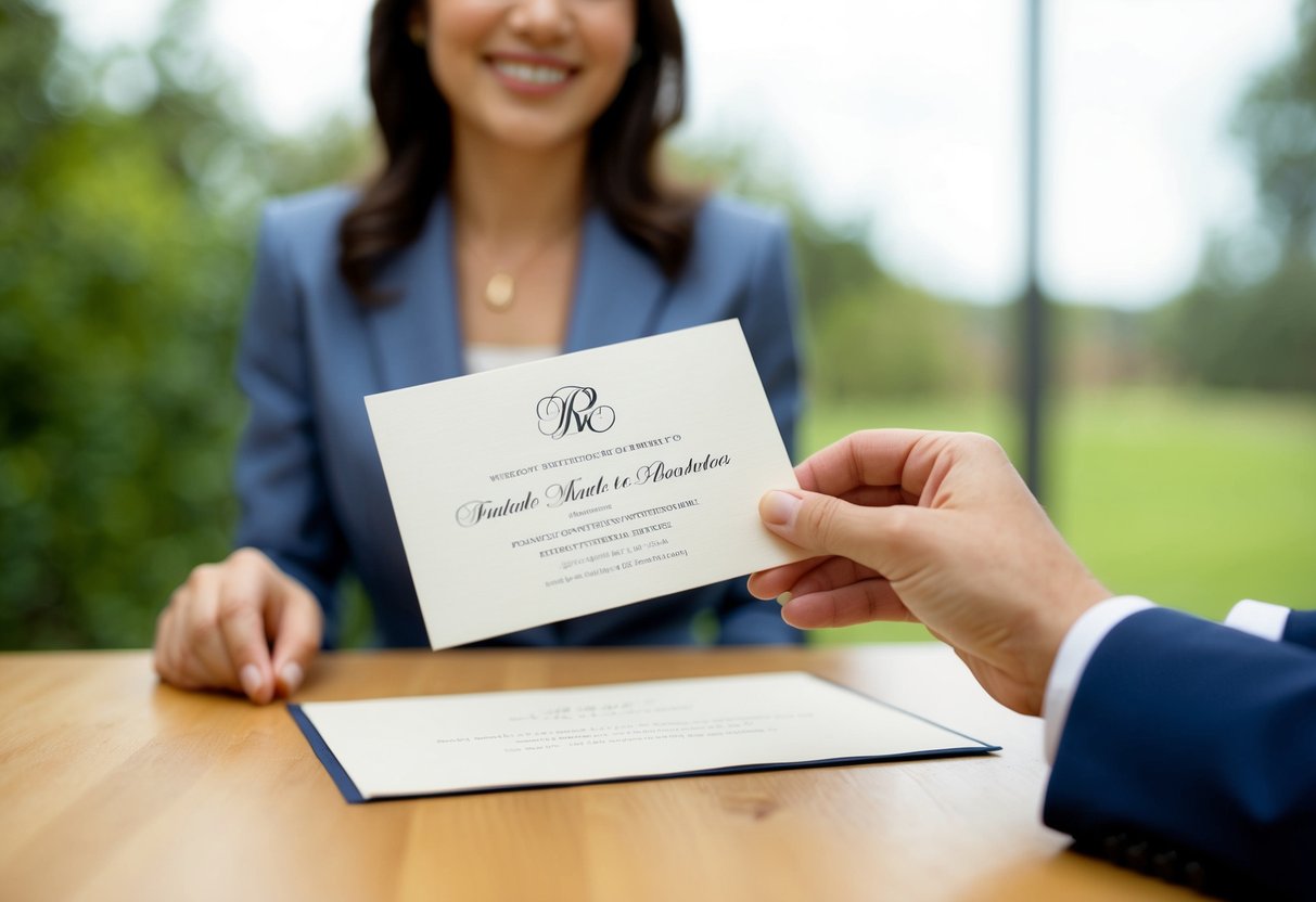 A person politely returning a wedding invitation with a kind smile and a gentle hand gesture