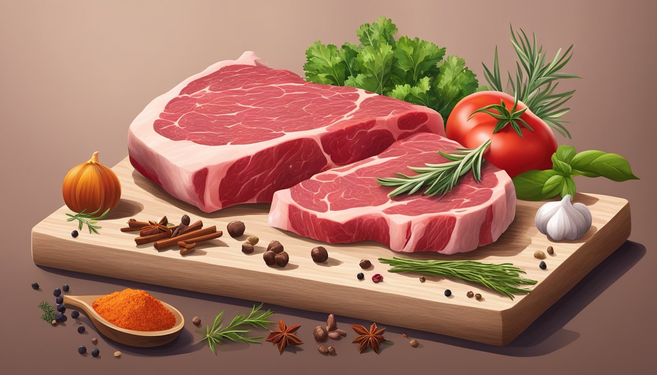 A kitchen counter with a cutting board, a raw lamb chop and a raw beef steak, surrounded by various herbs and spices