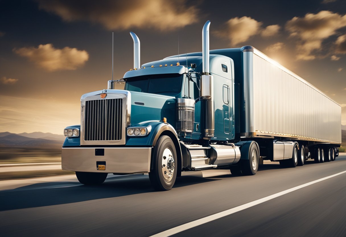 A semi truck roars down a highway, its engine rumbling and exhaust billowing as it passes by other vehicles