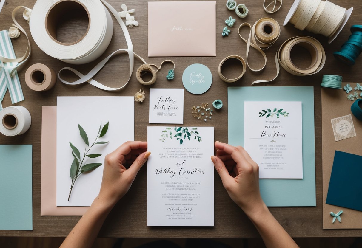 A table with various crafting supplies scattered around, including paper, ribbons, and decorative elements, with a partially completed wedding invitation in the center
