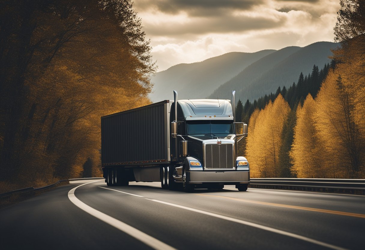 A semi truck driving on a highway, surrounded by trees and mountains. The truck's engine emits loud noises as it slows down, with focus on the exhaust pipe