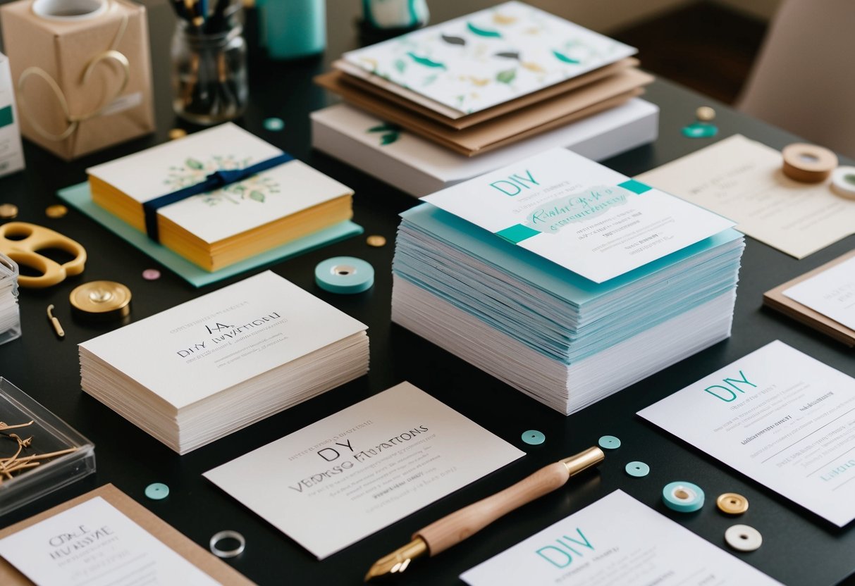 A table with a stack of DIY wedding invitations next to a pile of professionally printed invitations, surrounded by various crafting materials and printing supplies