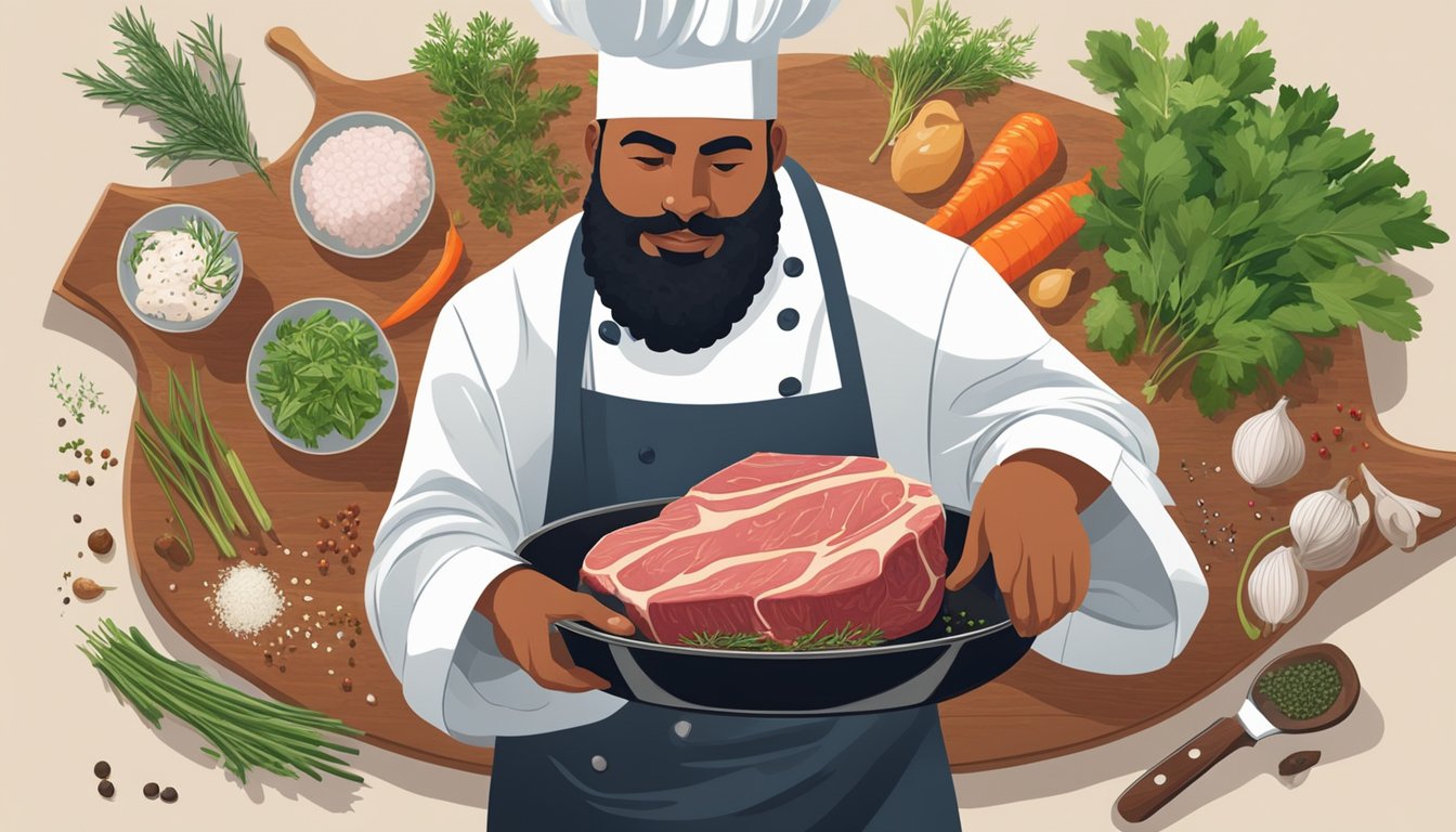 A chef swapping out a slab of beef for a cut of lamb in a sizzling skillet, surrounded by a variety of fresh herbs and spices