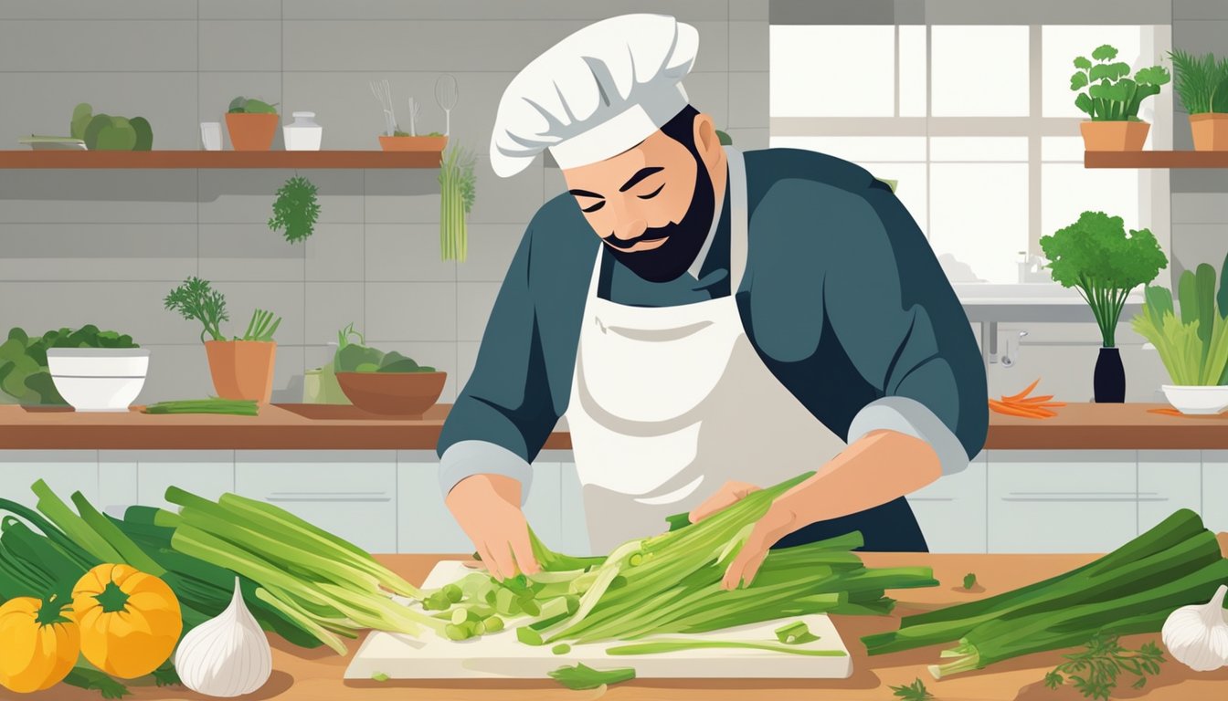 A chef chopping leeks instead of onions for a recipe, with various vegetables and herbs scattered on the kitchen counter