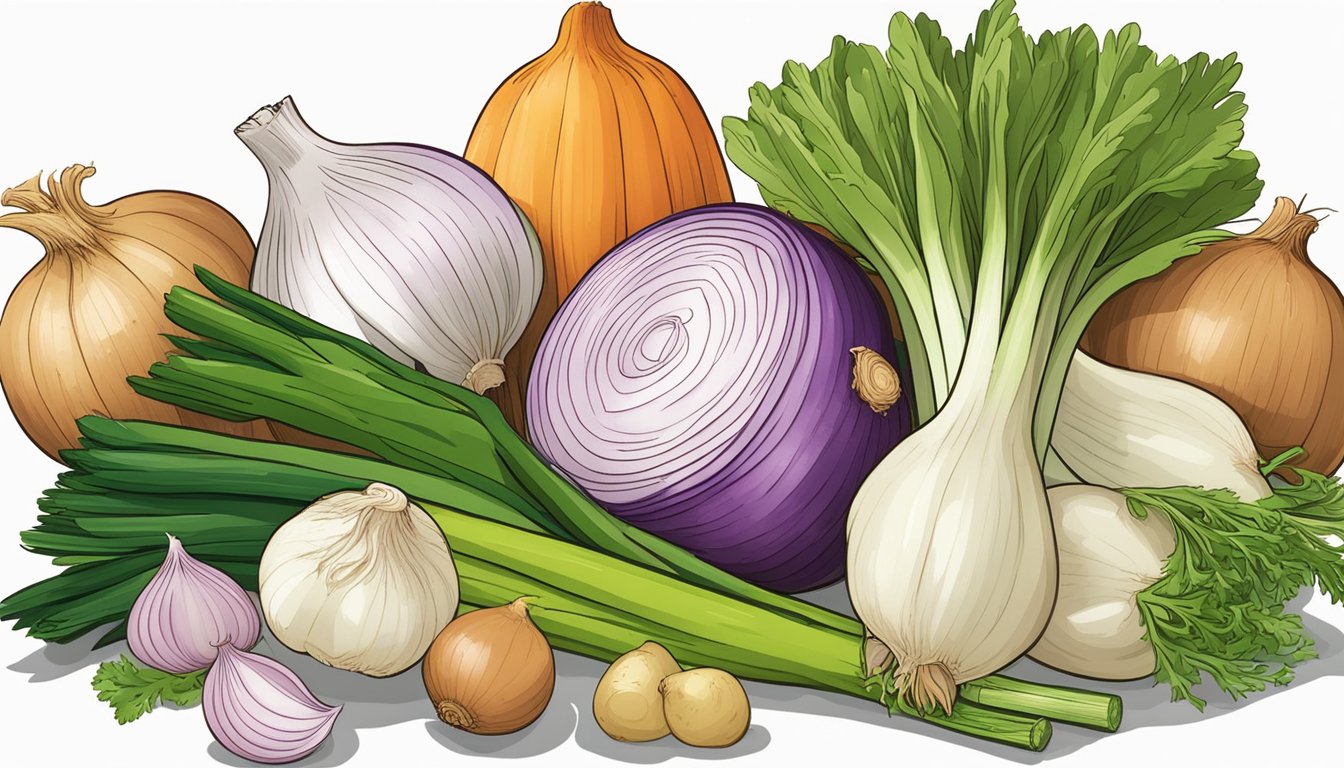 Leeks and onions side by side, surrounded by various ingredients like garlic, carrots, and potatoes