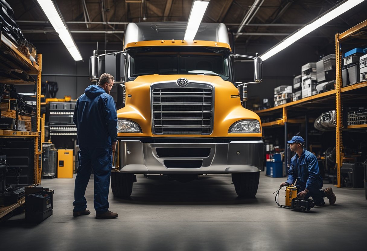 A semi-truck parked in a mechanic's garage, with the hood open and a technician inspecting the battery with a multimeter