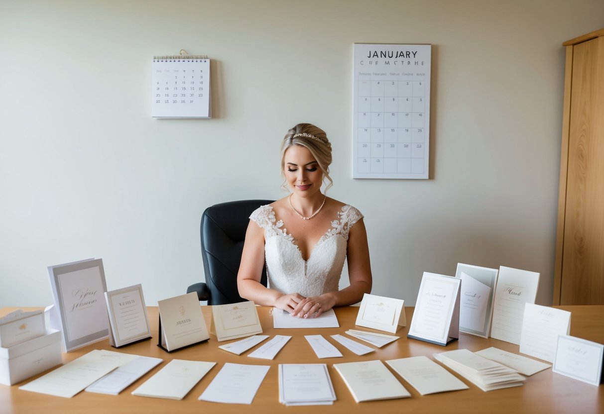 A bride sits at a desk surrounded by various stationery options, pondering her choices for wedding invitations. A calendar on the wall indicates the need for advanced planning