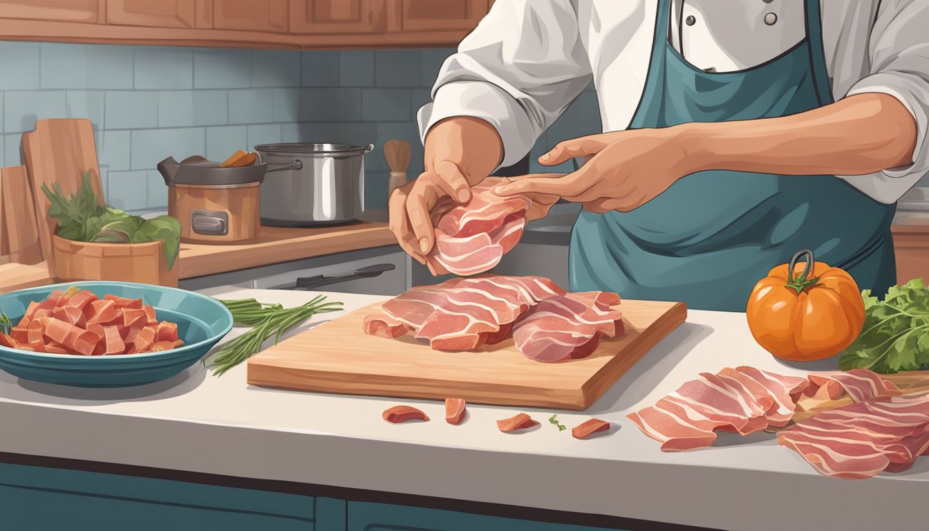 A chef's hand swaps out a package of pancetta for a container of lardons on a cluttered kitchen counter