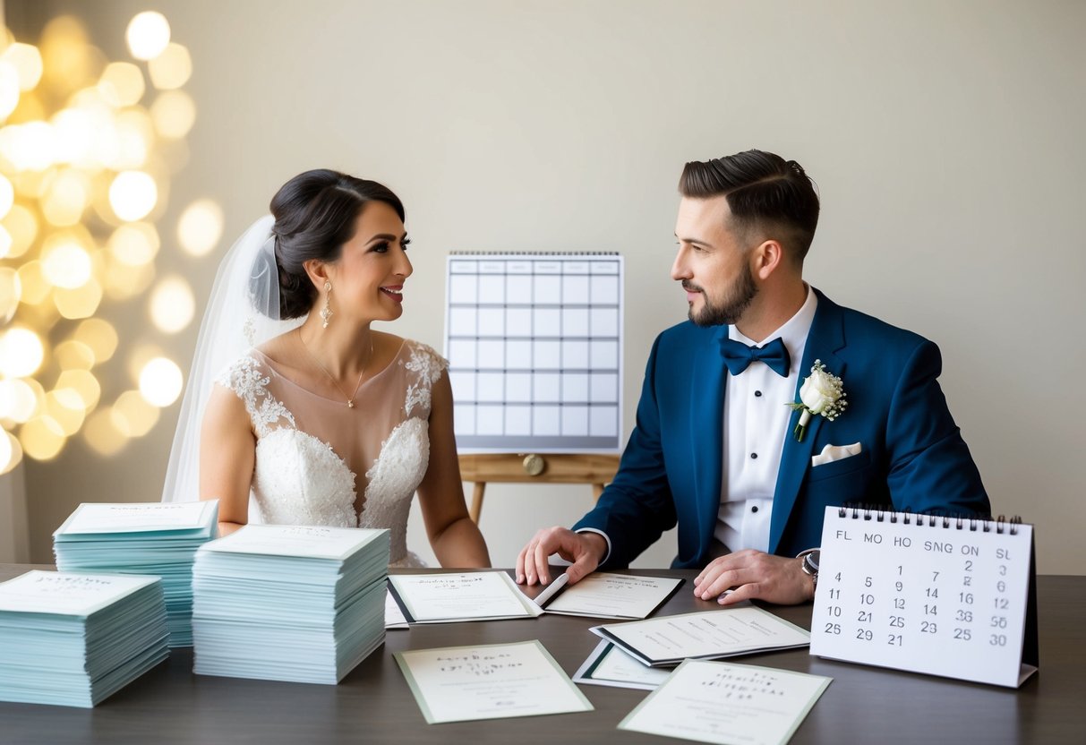 A bride and groom sit at a table, surrounded by stacks of wedding invitation samples and a calendar. They discuss timelines and deadlines with a sense of urgency