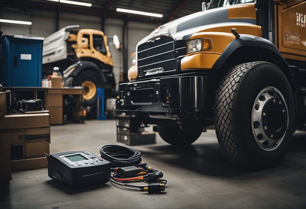 A semi truck parked in a mechanic's shop with the hood open, revealing a mechanic inspecting the battery with a multimeter