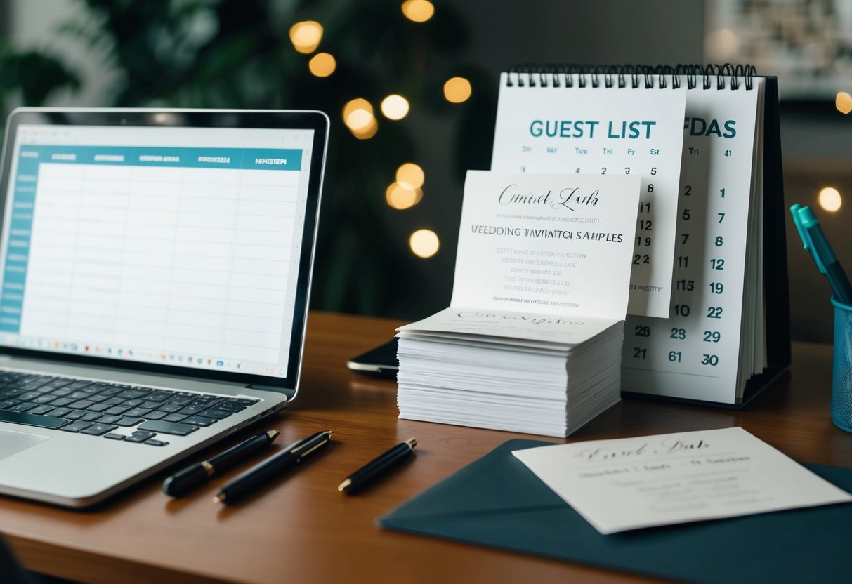A desk with a calendar, pen, and stack of wedding invitation samples. A laptop open to a guest list spreadsheet