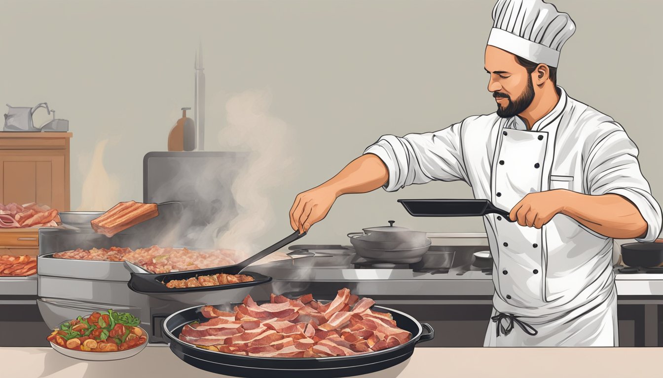 A chef swaps out lardons for pancetta, reaching for a container of diced bacon as the sizzling pan awaits