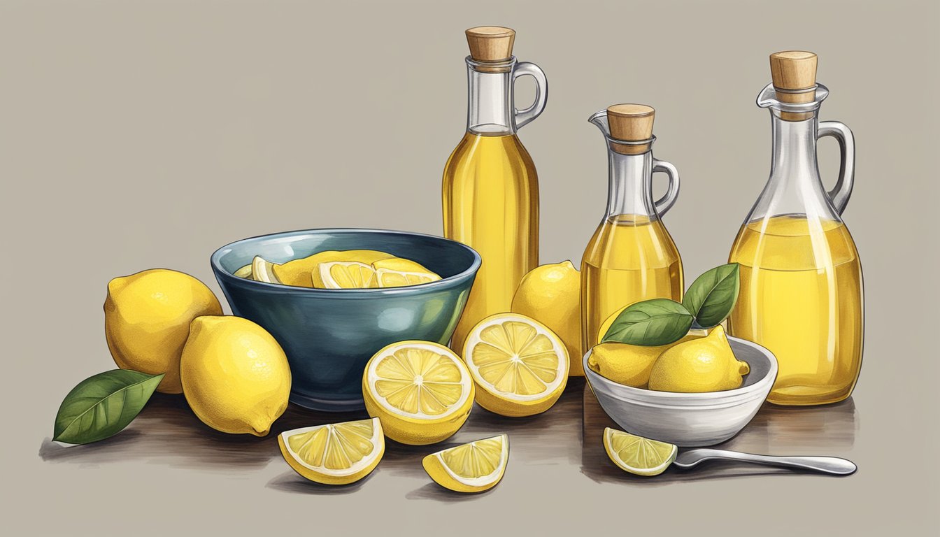 A variety of vinegar bottles arranged next to a bowl of lemons, with a measuring spoon pouring lemon juice into a dish of food