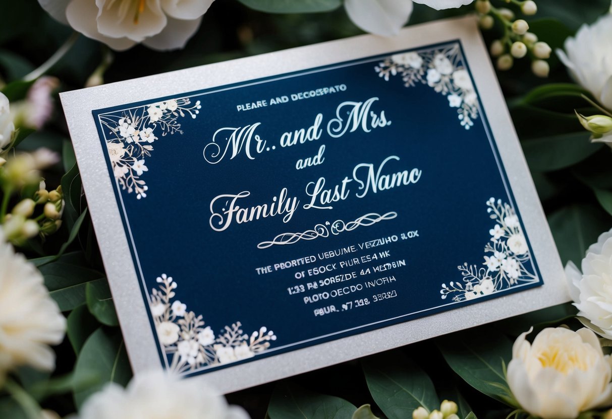 A beautifully decorated wedding invitation with "Mr. and Mrs." followed by the family's last name in elegant calligraphy, surrounded by delicate floral designs