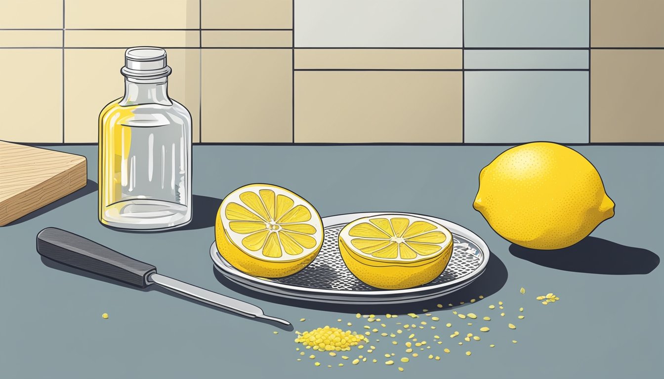 A hand grating a fresh lemon for zest, next to a bottle of lemon extract on a kitchen counter