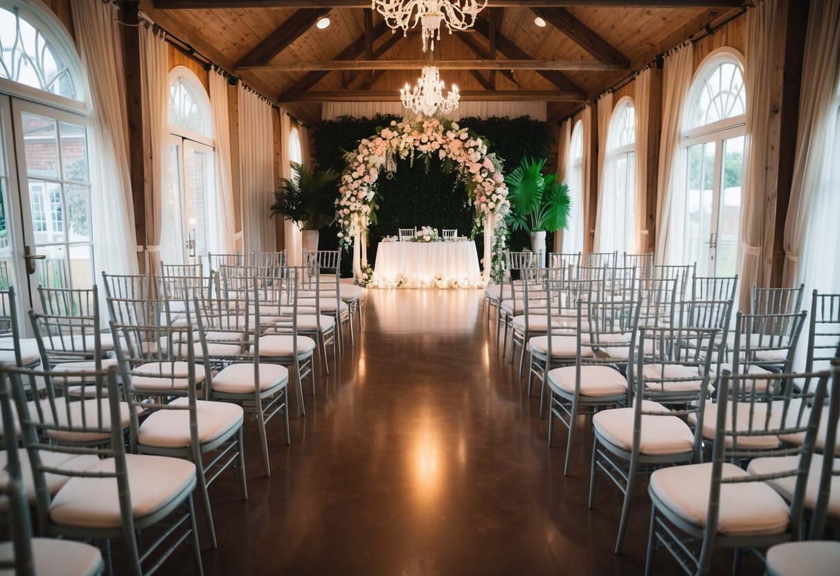 A beautifully decorated wedding venue with rows of empty chairs set up for the guests, a floral arch at the front, and soft lighting creating a romantic atmosphere