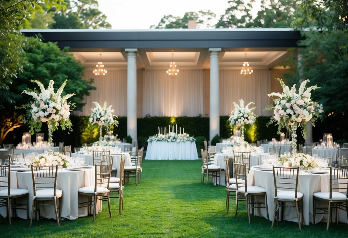 A wedding venue with a spacious outdoor garden and a large banquet hall, set with elegant tables and chairs, adorned with beautiful floral arrangements and soft lighting