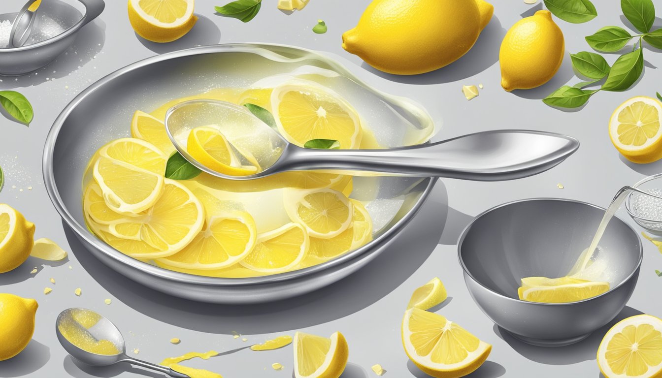 A chef pours lemon extract into a measuring spoon, while a bowl of lemon zest sits nearby. Ingredients and utensils for baking and cooking are scattered on the counter