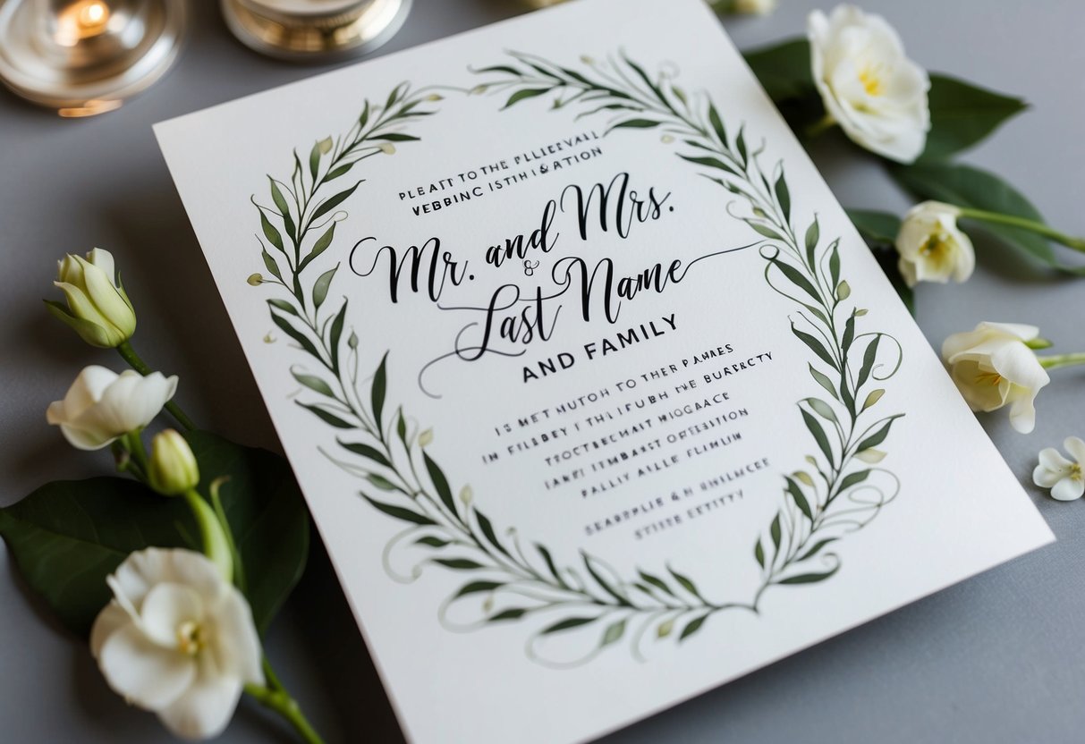 A beautifully designed wedding invitation with elegant calligraphy, featuring the names of the couple and the phrase "Mr. and Mrs. [Last Name] and Family."