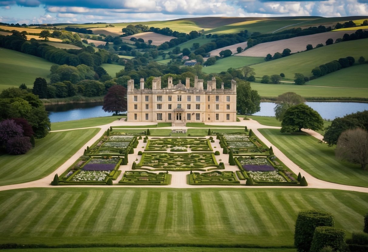 A grand English countryside estate with a sprawling garden and a stately manor house, surrounded by rolling hills and a picturesque lake