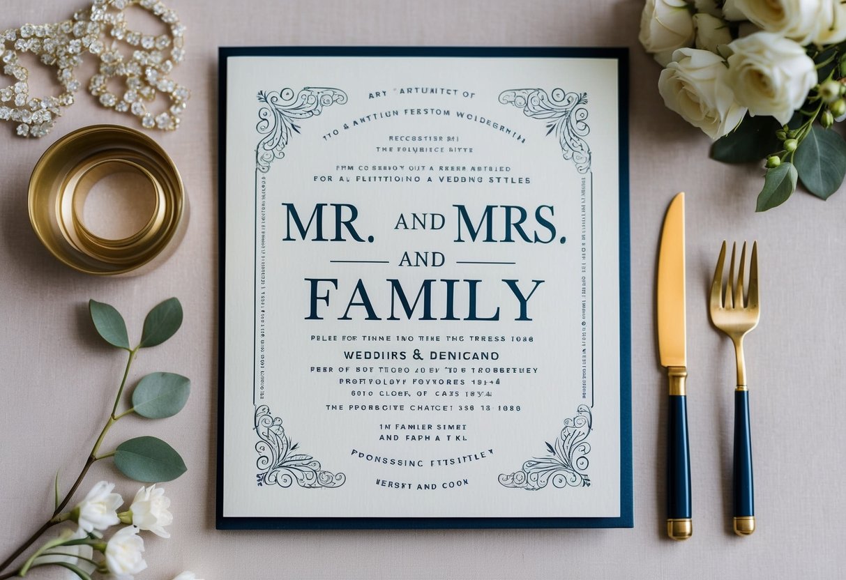 A wedding invitation with elegant typography and decorative elements, featuring the titles "Mr. and Mrs." and "Family" in a formal and traditional style