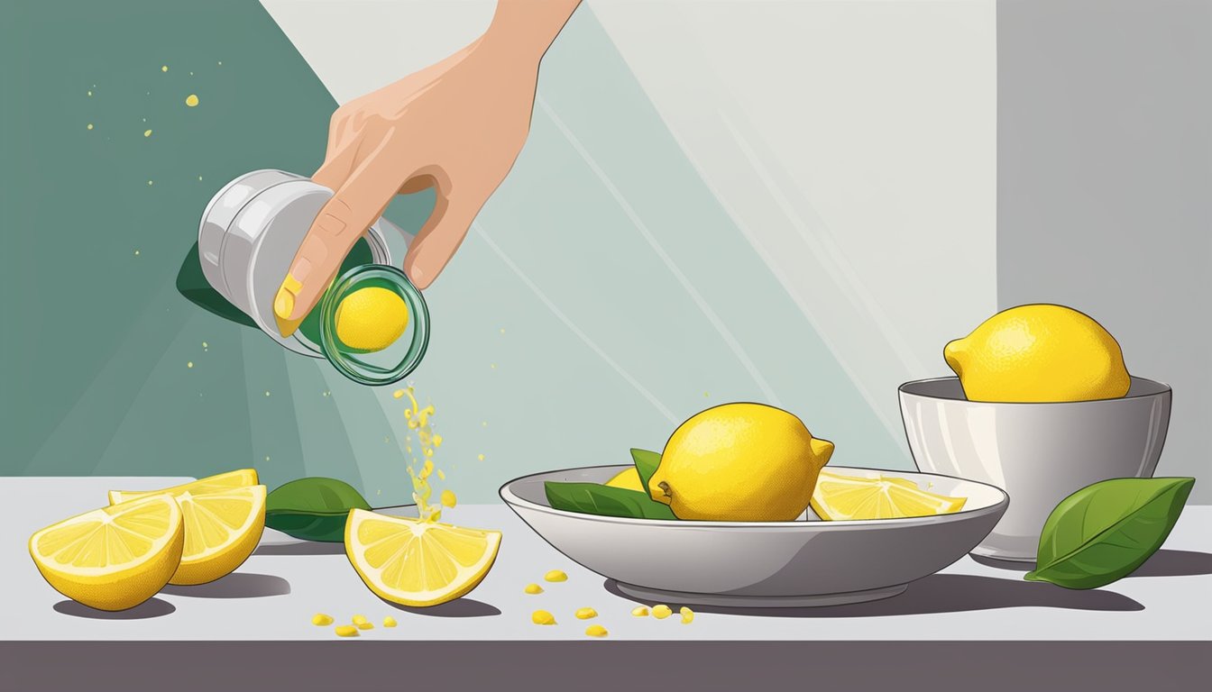 A hand grates a fresh lemon over a bowl, releasing fragrant zest. An open bottle of lemon extract sits nearby