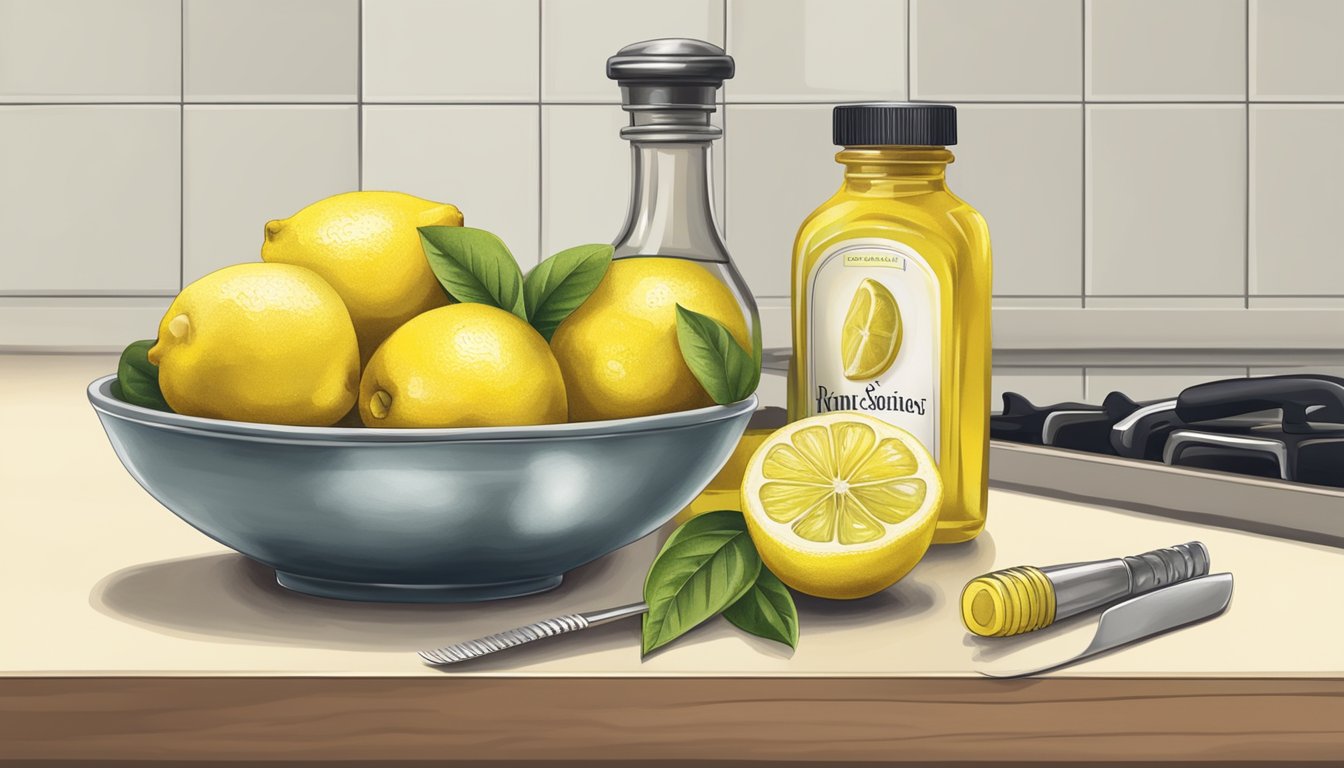 A bowl of lemons with a zester and a bottle of lemon extract on a kitchen counter