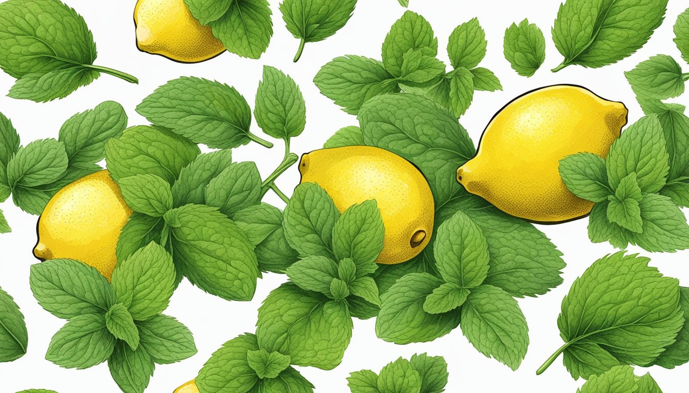 Lemon balm leaves being harvested and placed next to mint leaves for culinary use