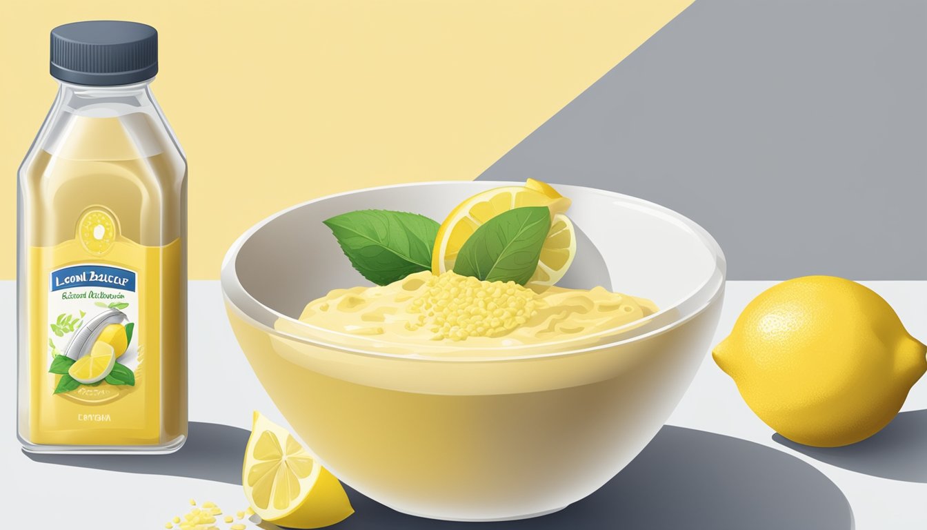 A bowl of batter with a lemon and a grater next to it. A bottle of lemon extract sits in the background