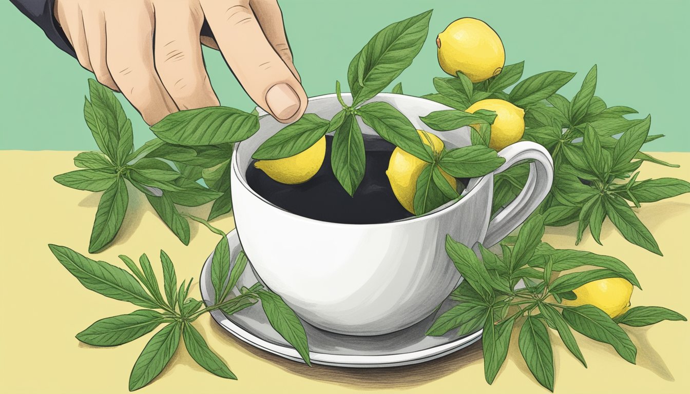 A hand reaching for lemon verbena leaves to substitute for lemongrass in a steaming cup of tea