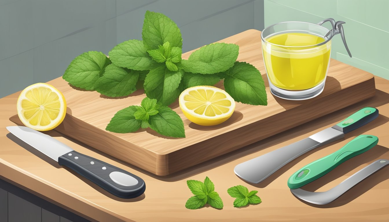 A kitchen counter with fresh lemon balm and mint leaves, a cutting board, and various cooking utensils