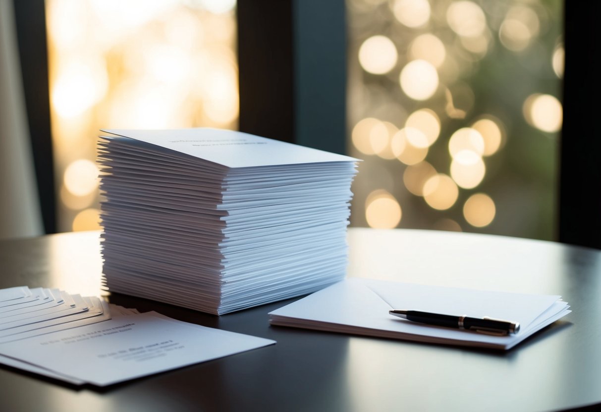A stack of 150 blank invitations on a table, with a pen and a guest list nearby