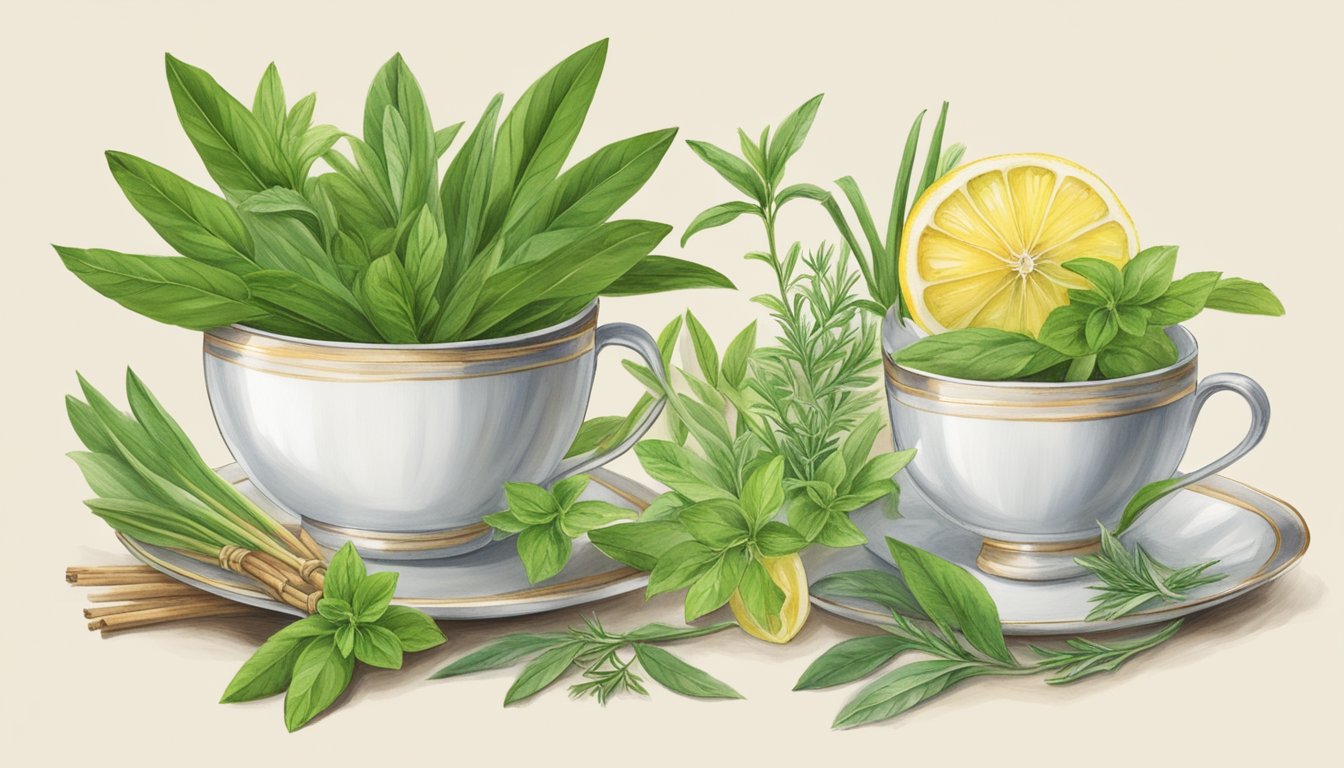 A teacup with a steaming infusion of lemon verbena leaves, next to a sprig of lemongrass, surrounded by other herbs and spices