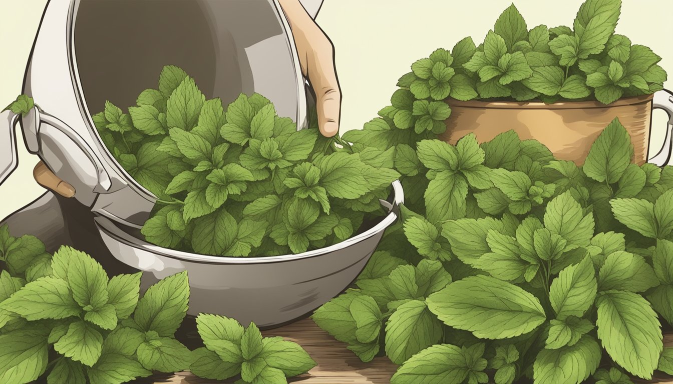 A bunch of fresh lemon balm leaves being picked and used in place of mint in a herbal tea preparation