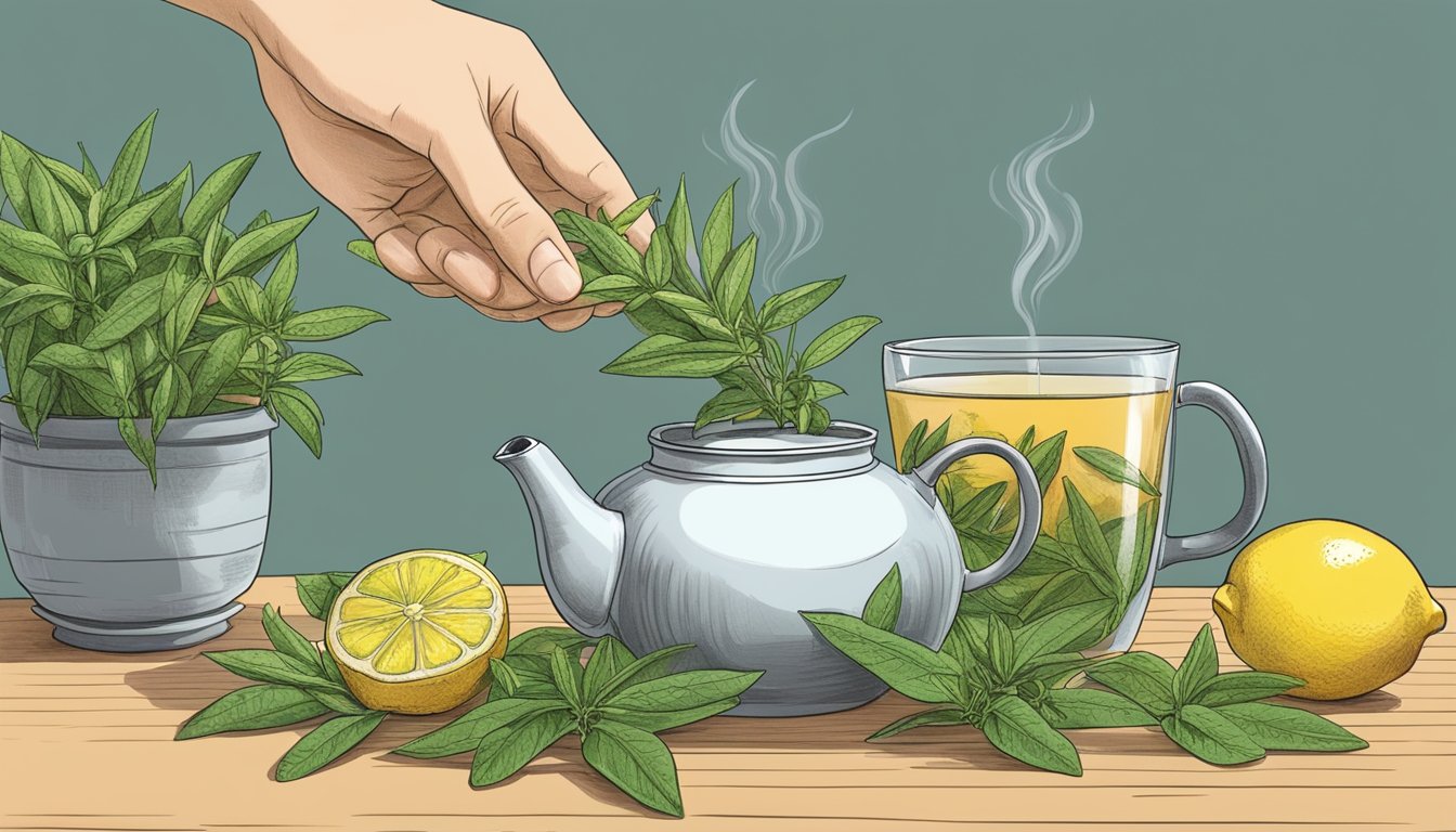 A person holding a bunch of lemon verbena leaves, placing them in a teapot with hot water, and steeping for a fragrant tea