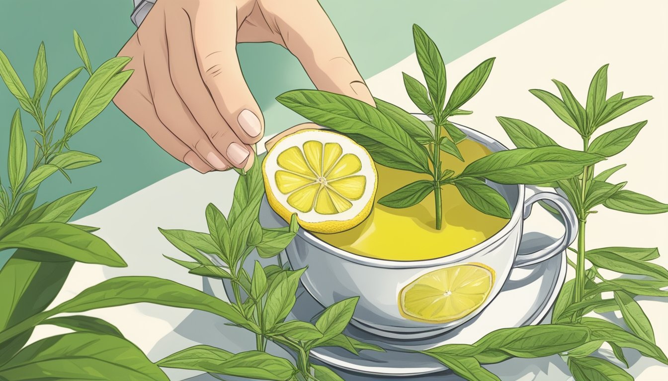 A hand reaching for a lemon verbena plant next to a cup of tea with lemongrass, demonstrating the substitution in a peaceful, natural setting