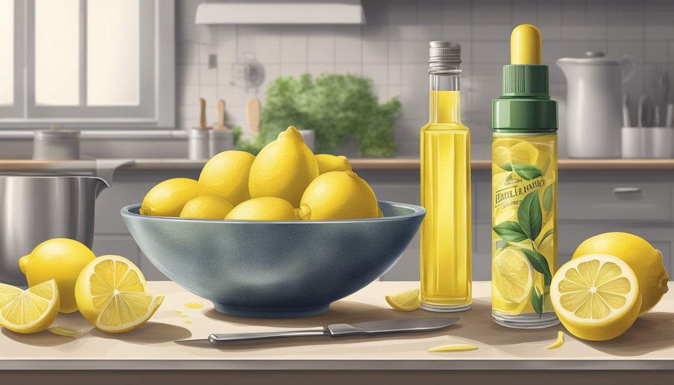 A bowl of lemons with a zester and a bottle of lemon extract on a kitchen counter