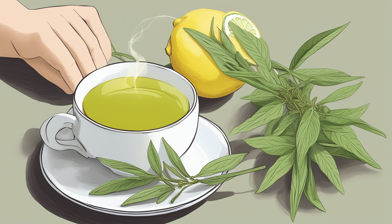 A person holding a sprig of lemon verbena next to a cup of tea, with a bundle of lemongrass nearby. The person is considering the health benefits of using lemon verbena as a substitute in tea