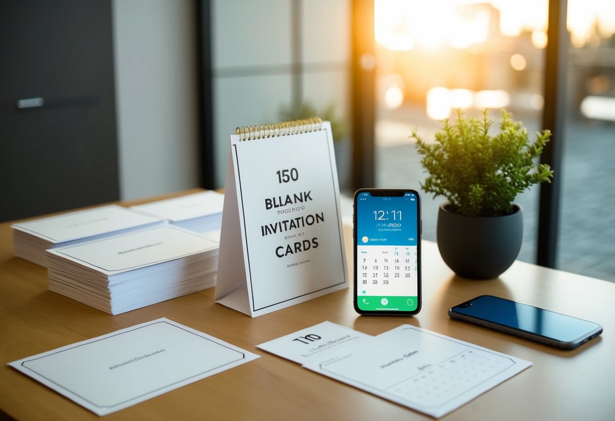 A table with 150 blank invitation cards, a calendar, and a phone showing an active call or message thread