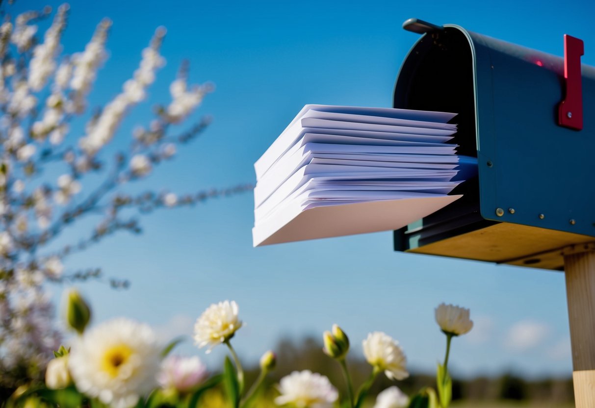 A stack of elegant wedding invitations being placed into a mailbox, with a background of blooming flowers and a clear blue sky